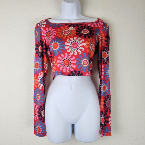 Adidas x FARM Rio Long Sleeve Crop Top S Red Pink Floral NWT Activewear - Picture 6 of 12
